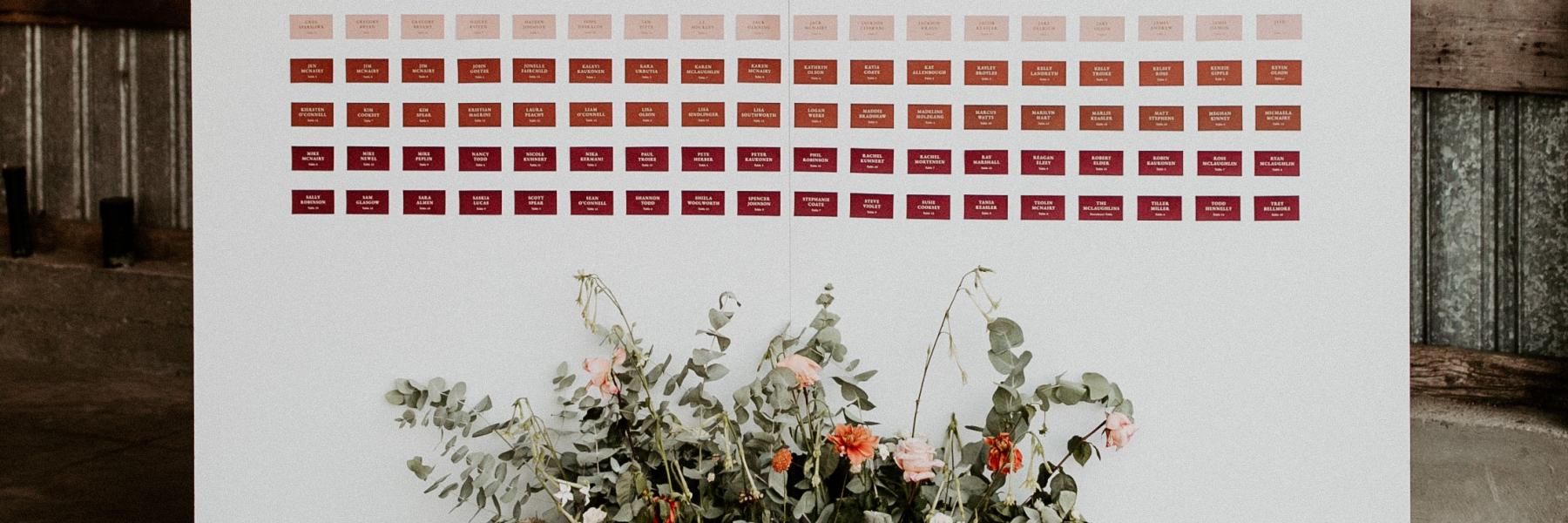 a large floral arrangement at the base of a seating chart