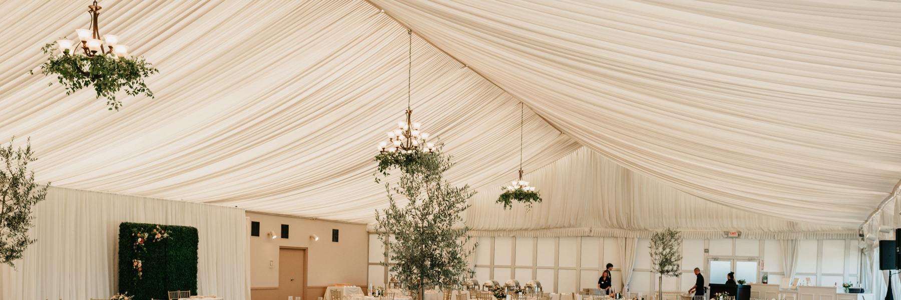 rose garden pavilion at Oregon Golf Club with greenery chandeliers