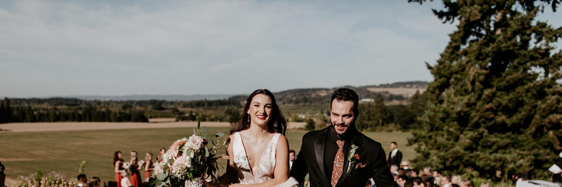 bride and groom celebrating after wedding ceremony