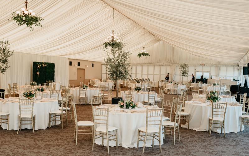 rose garden pavilion at Oregon Golf Club with greenery chandeliers