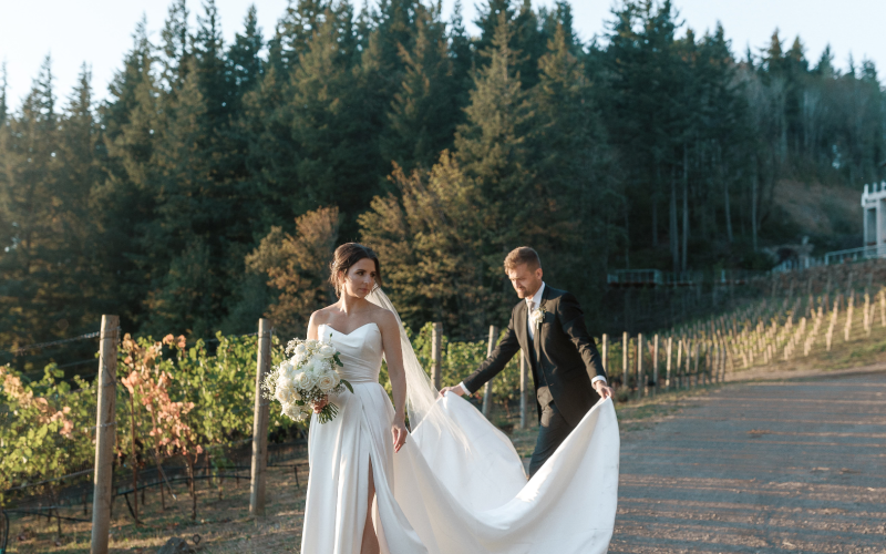 bride and groom at winery wedding in Oregon