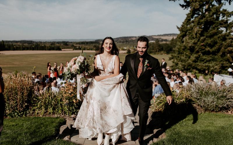 bride and groom celebrating after wedding ceremony