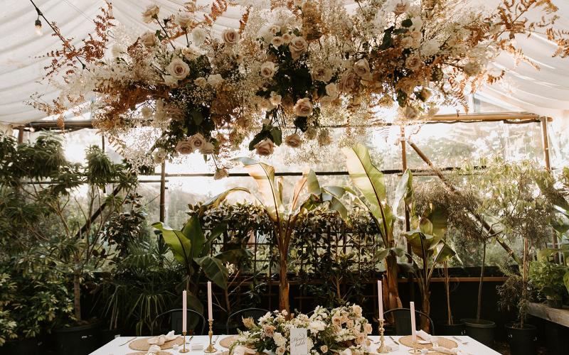 flower cloud above sweetheart table
