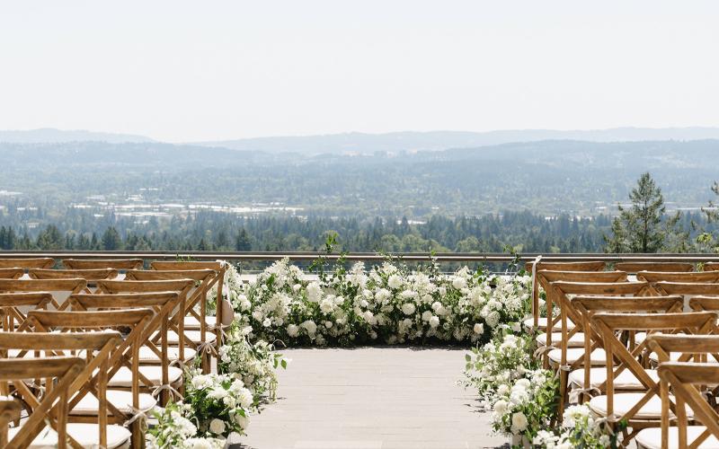 ceremony florals on the patio at Amaterra Winery