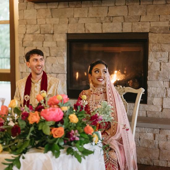 bride and groom at table