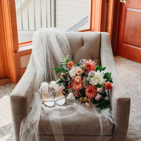 bridal bouquet on chair