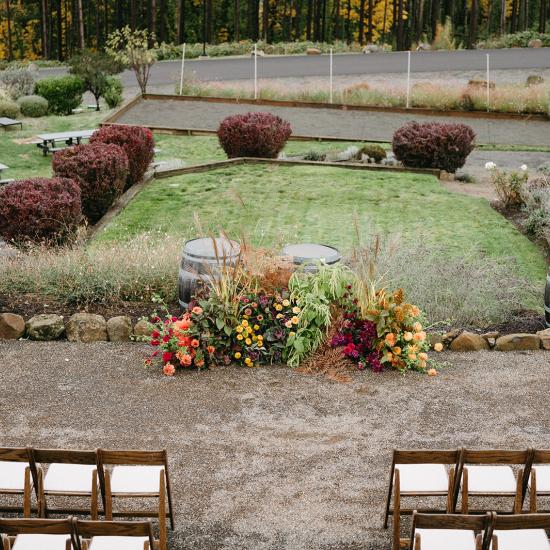 aerial view of ceremony florals